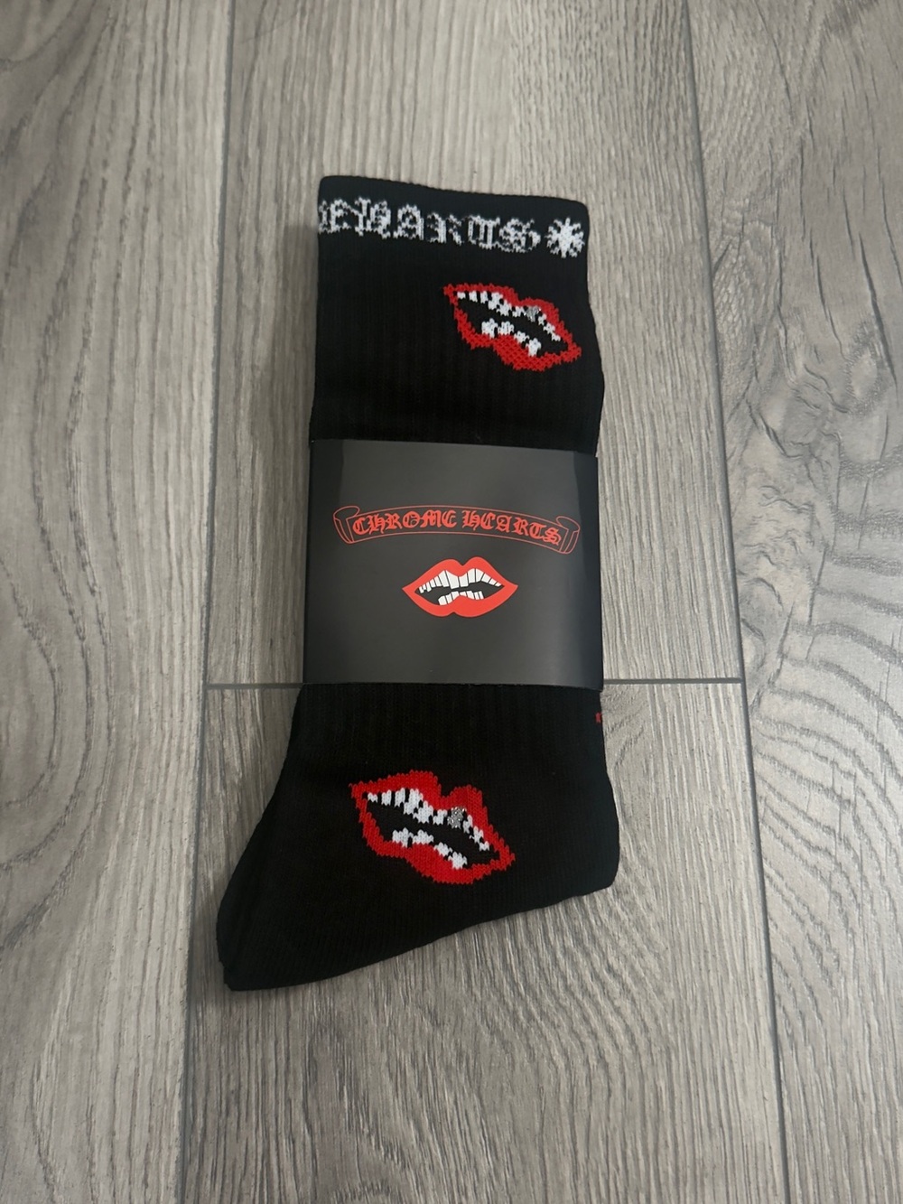 Chrome Hearts Black Socks with Red and White Lip Motif brand new